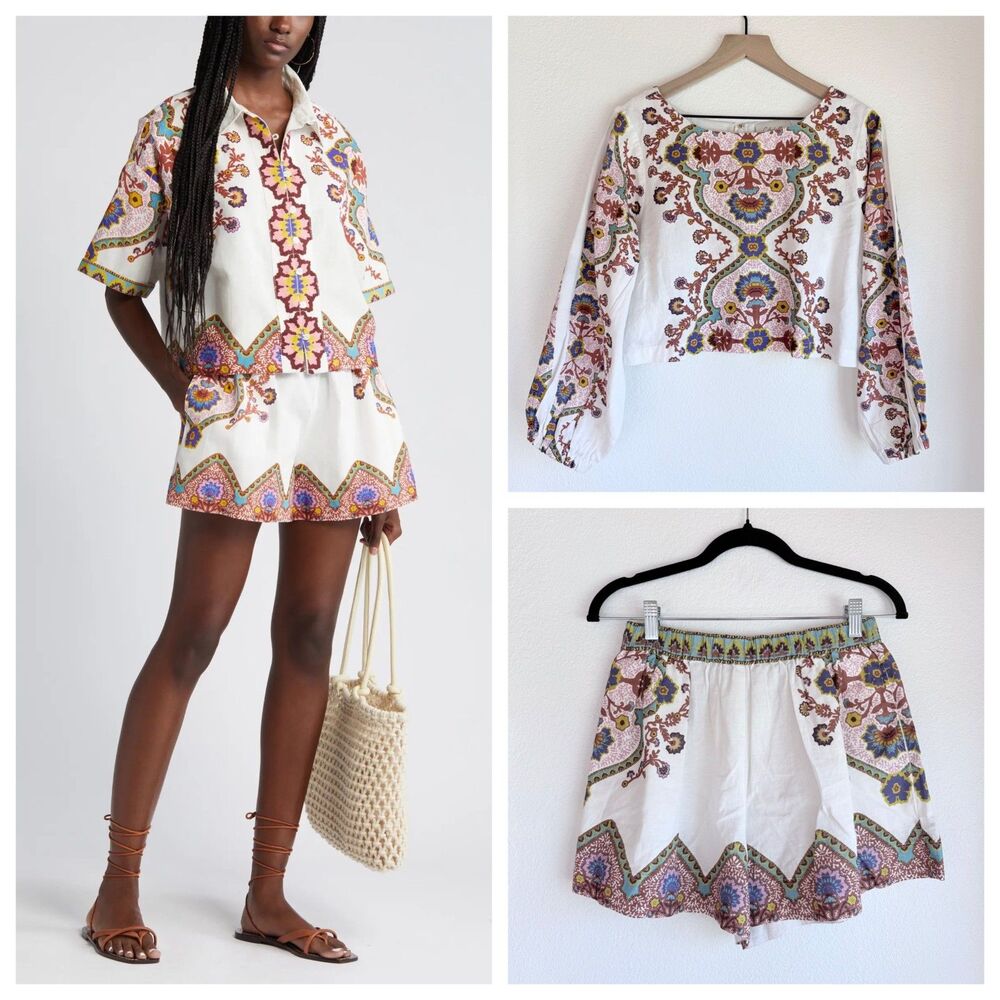 RARE Cleobella Sample Set: Lagos Print Balloon Sleeve Crop Top & Shorts Size S